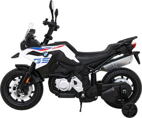 Ramiz Detský motocykel na batérie BMW F850 GS biely + pomocné kolieska + audio LED + pomalý štart + EVA