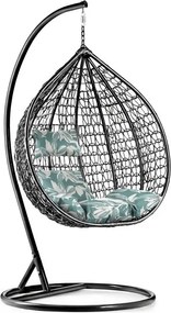 Čierne závesné kreslo KOKON so stojanom, zeleno-biely vankúš