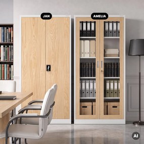 Kovová skriňa s vitrínou biela, dub sonoma, 900x1850x400 mm: AMELIA Eco Design