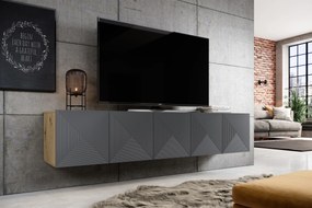 Závesná RTV skrinka Asha 200 cm s ryhovaným frontom - dub artisan / rivier stone mat