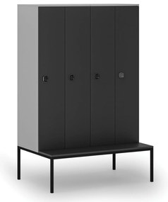 Drevená šatníková skrinka S4 s lavičkou, 4 oddiely, 1871 x 1200 x 500/800 mm, demont, kódový zámok, sivá/grafit
