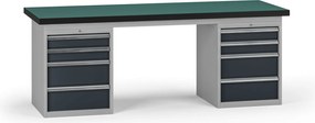 Pracovný stôl do dielne G8, 2100 x 750 x 800 mm, 2x kontejner, 8 zásuviek, grafit