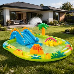 Nafukovacie detské ihrisko s dinosaurami - detský bazén so šmykľavkou a fontánou