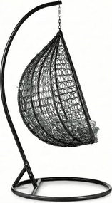Čierne závesné kreslo KOKON so stojanom, zeleno-biely vankúš