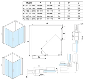 Polysan Polysan, ALTIS LINE obdĺžniková sprchová zástena 1000x900 mm, L/P varianta, rohový vstup, AL1510CAL1590C