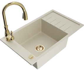 Mexen Elias, 1-komorový granitový drez 795x480x200 mm a drezová batéria Savita, béžová, 6511-69-672601-50