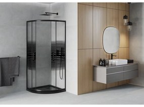 Mexen Rio, štvrťkruhový sprchovací kút s posuvnými dverami 80(dvere) x 80(dvere) x 190 cm, 6mm číre sklo s pásikmi, čierny profil + čierna sprchová vanička SLIM, 863-080-080-70-20-4170B