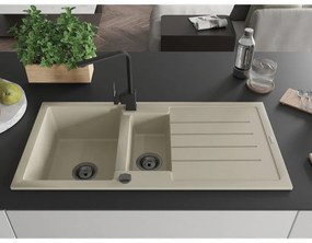 Mexen Andres, granitový drez 1000x500x200 mm, 1,5-komorový, béžová s čiernym sifónom a čierna drezová batéria Rita, 6515-69-670300-70