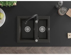 Mexen Carlos, 1,5-komorový granitový drez 582x475x177 mm a drezová batéria Savita, čierna-zlatá metalíza, 6518-75-672601-70