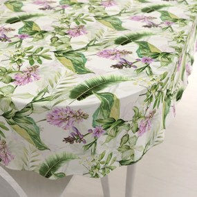 Biante Zamatový oválny obrus Tamara TMR-035 Fialové zvončeky s listami na bielom 130x220 cm
