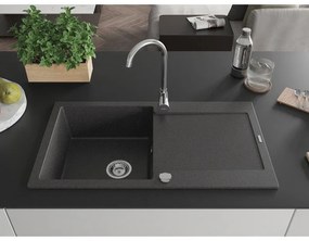 Mexen Leo, 1-komorový granitový drez s odkvapkávačom 90x50 cm a kuchynskou batériou Telma, čierna-škvrnitá, 6501-76-670200-00