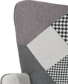 Relaxačné kreslo ušiak LISA + taburet — masív, látka, čiernobiely patchwork