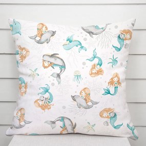 Biante Detská bavlnená obliečka na vankúš Sandra SA-691 Modrozelené morské panny s delfínmi a veľrybami na bielom 40 x 40 cm