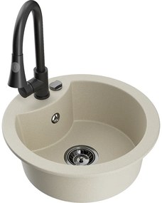 Mexen Diego, 1-komorový granitový drez 488x488x167 mm a drezová batéria Elia, béžová, 6512-69-670101-70