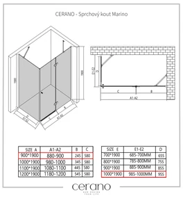 Cerano Marino, sprchovací kút 90(dvere) x 100(stena) x 190 cm, 6mm číre sklo, chrómový profil, CER-CER-422769