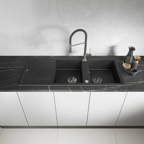 Laveo Megalo, 2-komorový granitový drez 1160x500x185 mm s dlhým odkvapávačom, čierna škvrnitá, LAV-SBE_721T