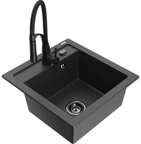 Mexen Vito, 1-komorový granitový drez 490x520x210 mm a drezová batéria Aster, čierna škvrnitá, 6503-76-73450-70-B