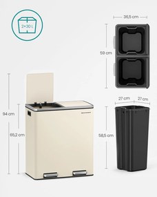 Odpadkový koš s víkem JORDAN 2x30 l krémový