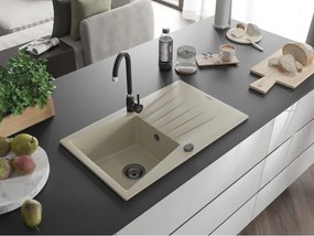 Mexen Cesar, granitový drez 775x470x190 mm, 1-komorový, béžová s čiernym sifónom, 6514771010-69-B