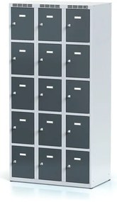 Alfa 3 Šatníková skrinka S6 s úložnými boxami, 15 boxov, 1800 x 900 x 500 mm, cylindrický zámok, tmavosivé dvere