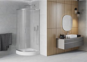 Mexen Rio, štvrťkruhový sprchovací kút s posuvnými dverami 80 x 80 cm, 6mm sklo námraza, chrómový profil + biela vysoká sprchová vanička Rio, 863-080-080-01-30-4710