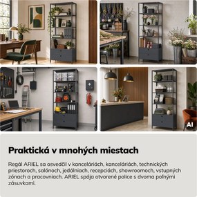 Regál so zásuvkami do kancelárie, na zakladače a dokumenty, otvorené police, kovový, antracitový, 800x2200x400 mm: ARIEL