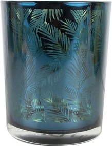 Sklenený svietnik v petrolejovej farbe s dekoráciou palmových listov - Ø 10 * 12cm