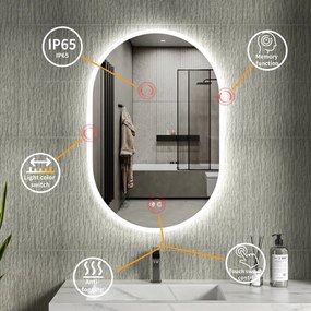Erga Demi, oválne LED zrkadlo 60x90cm, 3 farby svetla, predné osvetlenie, vyhrievacia podložka proti zapareniu, ERG-V01-Demi-6090-CL