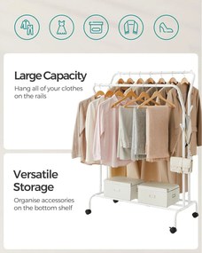 Stojan na šaty, dvojitá tyč, kovový, s policou, biely
