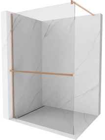 Mexen Kioto+, sprchová zástena Walk-In s poličkou a vešiakom 130 x 200 cm, 8mm číre sklo, medený matný profil, 800-130-121-65-00