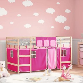 Detská vyvýšená posteľ závesy ružová 90x190 cm masívna borovica 3206975