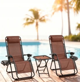 Set 2 polohovateľných záhradných lehátok so stolíkom - hnedý