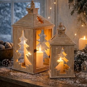 Súprava drevených lampášov Stromček, 2ks, prírodná