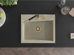 Mexen Oscar žulový drez 1-komorový 580 x 490 mm, béžový, zlatý sifón - 6519581000-69-G
