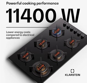 Klarstein Goldflame 6, plynová varná doska, sebestačná, 6 horákov, bočné ovládanie, plyn/propán, sklokeramika, čierna