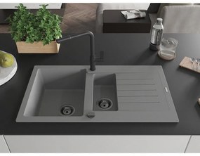 Mexen Matias, 1,5-komorový granitový drez 900x505x200 mm a drezová batéria Flora, šedá, 6502-71-670401-70-B
