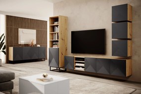 Závesná TV skrinka Asha 200 cm s ryhovaným čelom a výklenkom - dub artisan / rivier stone mat