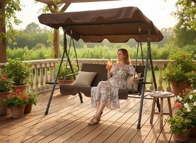 CH ZÁHRADNÁ HOJDAČKA TYPU A 170 x 118 x 153 cm HNEDÁ S BEŽOVÝMI VANKÚŠIKMI A DRŽIAKMI NA POHÁRE