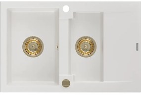 Mexen Gaspar, granitový drez 737x475x177 mm, 1,5-komorový, biela so zlatým sifónom, 6507731505-20-G