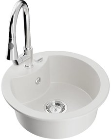 Mexen Diego, 1-komorový granitový drez 488x488x167 mm a drezová batéria Elia, biela, 6512-20-670101-00