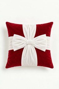 Velúrová obliečka na vankúš CHRISTMAS BOW červená s bielou 45x45 cm