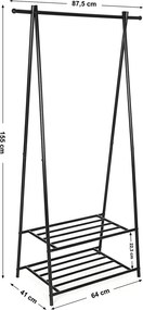 Kovový stojan na šaty s 2 policami na topánky, čierny