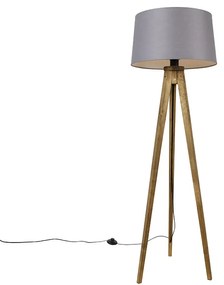 Rustikálny trojnohý vintage drevený s tienidlom z ľanu tmavosivá 45 cm - Tripod Classic