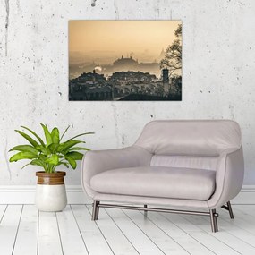 Sklenený obraz - Mesto pod hmlou (70x50 cm)