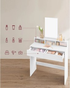Toaletný stolík, kozmetický stolík s 2 zásuvkami a 3 priehradkami, biely