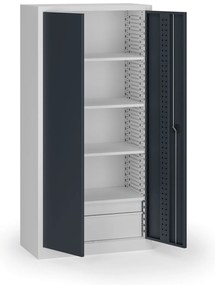 Policová dielenská skriňa 2-dverová, 4 police + 2 zásuvky, 1950 × 950 × 500 mm, grafitové dvere