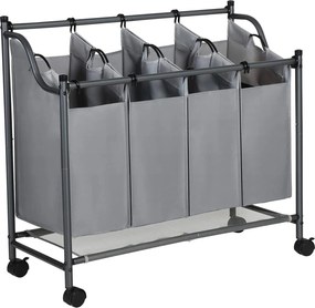 Kôš na bielizeň s kolieskami, 4 priehradky, vozík na bielizeň, 4 x 35L, sivý