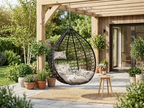 Čierne závesné kreslo KOKON bez stojanu, béžový vankúš