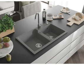 Mexen Tomas, granitový drez 800x500x190 mm, 2-komorový a šedá batéria Telma, šedá, 6516-71-670200-71
