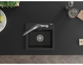 Mexen Milo, granitový drez 435x410x171 mm, 1-komorový a drezová batéria Duo, čierna-strieborná metalíza, 6505-73-671701-07